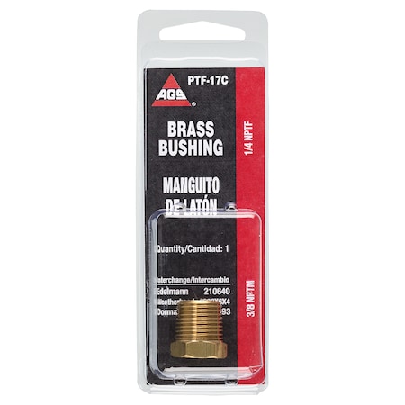 Ags Brass Bushing, Male (3/8-18 NPT), Female (1/4-18 NPT), 1/card PTF-17C